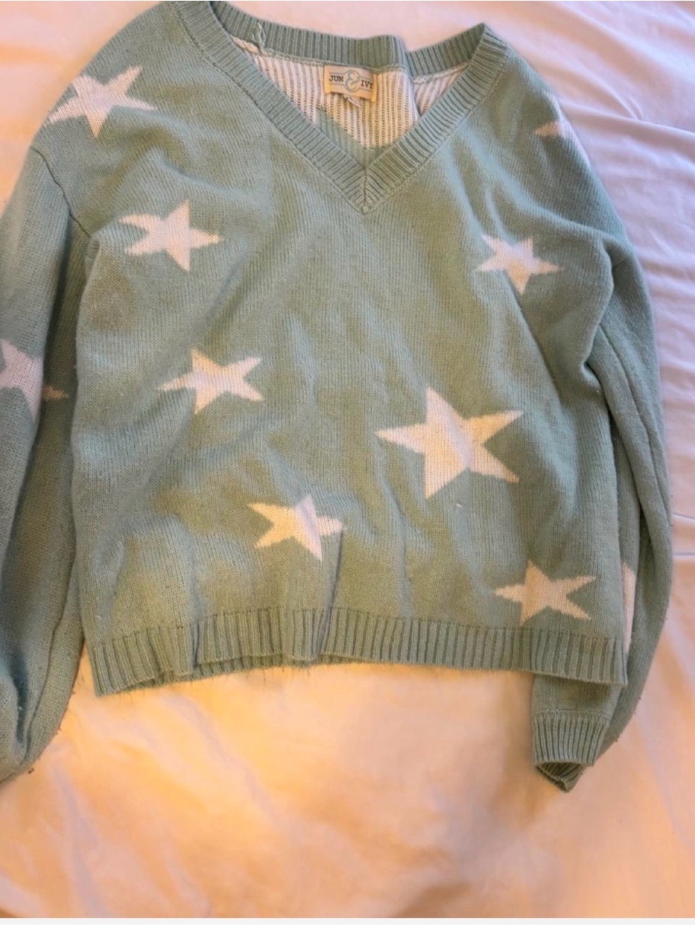 Mint Green Star-Print V-Neck Sweater